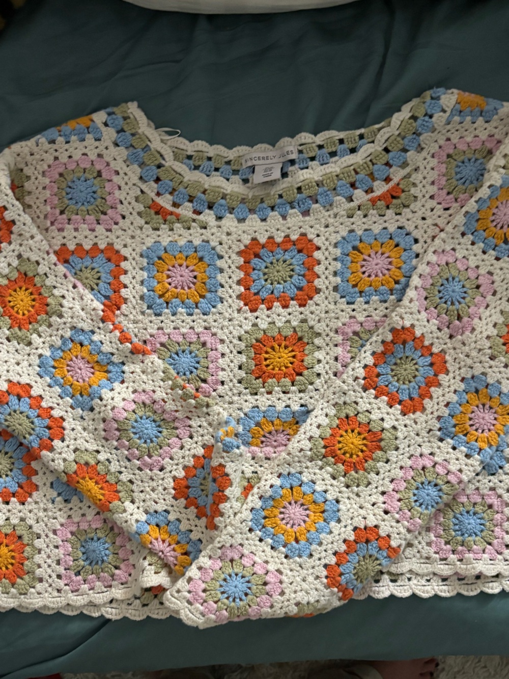Sincerely Jules Multicolor Crochet Granny Square Scoop Neck Sweater